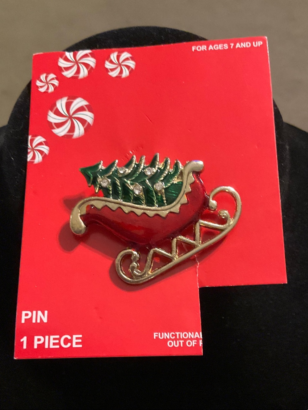 Gold-Tone Enamel Rhinestone Christmas tree Santa Sleigh pin